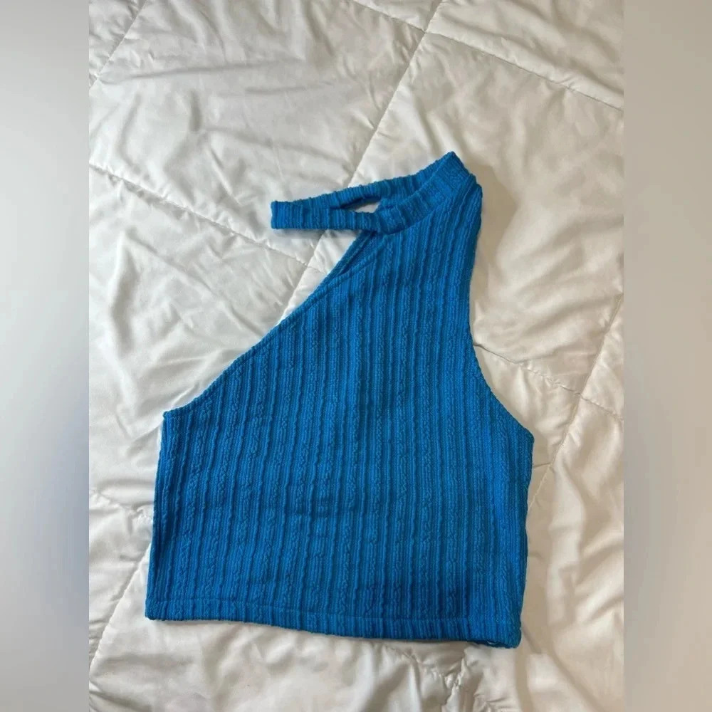 Zara Asymmetrical Boho Hippie Cable Knit Blue Crop Top size S - Picture 8 of 9